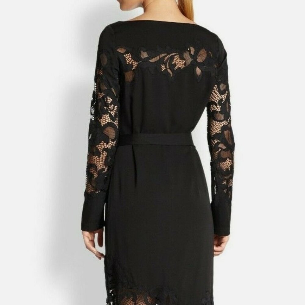 Diane Von Furstenberg DVF Black Ernestina Lace Trim Sash Tie Stretch Silk Dress - Picture 2 of 9